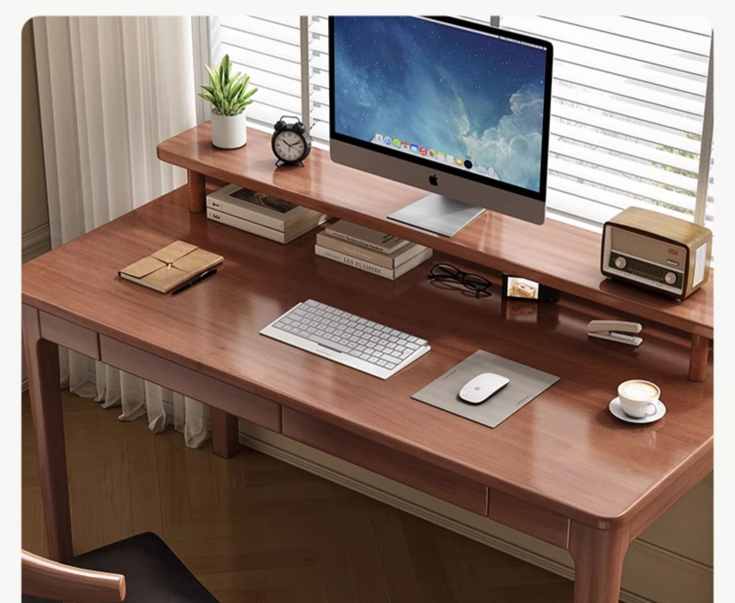 Nordic solid wood desktop computer desk with bookshelf, simple household student writing desk with keyboard stand for school use view 4