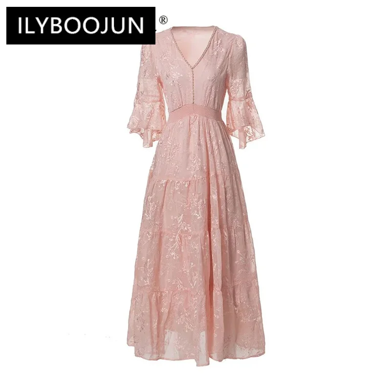 

ILYBOOJUN High Quality New Arrivals Women Dress Solid Color Flowers Embroidery Pearls Beading Elastic Waist V-Neck Dresses