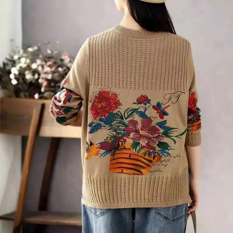 Women\'s Pullover Round Neck Printing Screw Thread Sweater Spring and Autumn Fashion Long Sleeve Pocket Loose Vintage Knit Tops