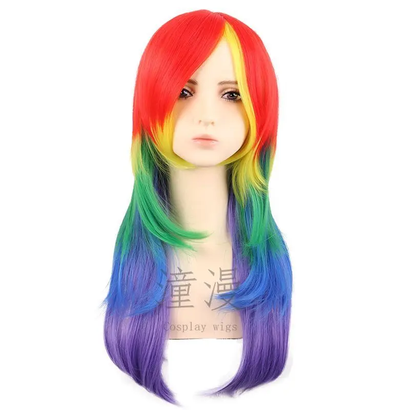 Tongman cosWig60CMAnime أحمر برتقالي أصفر أخضر قوس قزح اللون بلدي ليتل المهر المهر قوس قزح شعر مستعار #5
