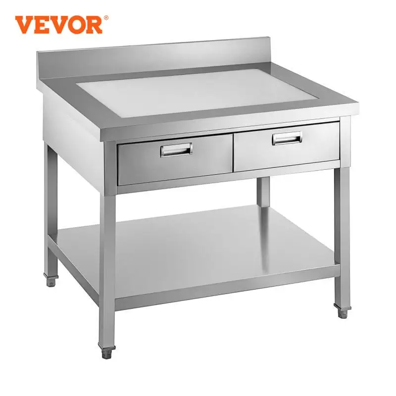VEVOR 24"x36" 24"x48" Professional Stainless Steel Kitchen Work Prep Table Adjustable Feet with Double Drawers Home Commercial