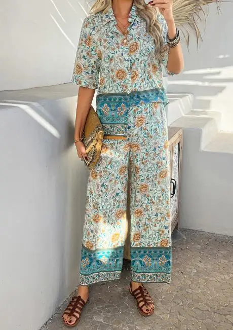 

New Casual Vacation Style Women's 2-Piece Set Flower Print Collar Loose Short Sleeved Shirt High Waisted Straight Leg Pants Set