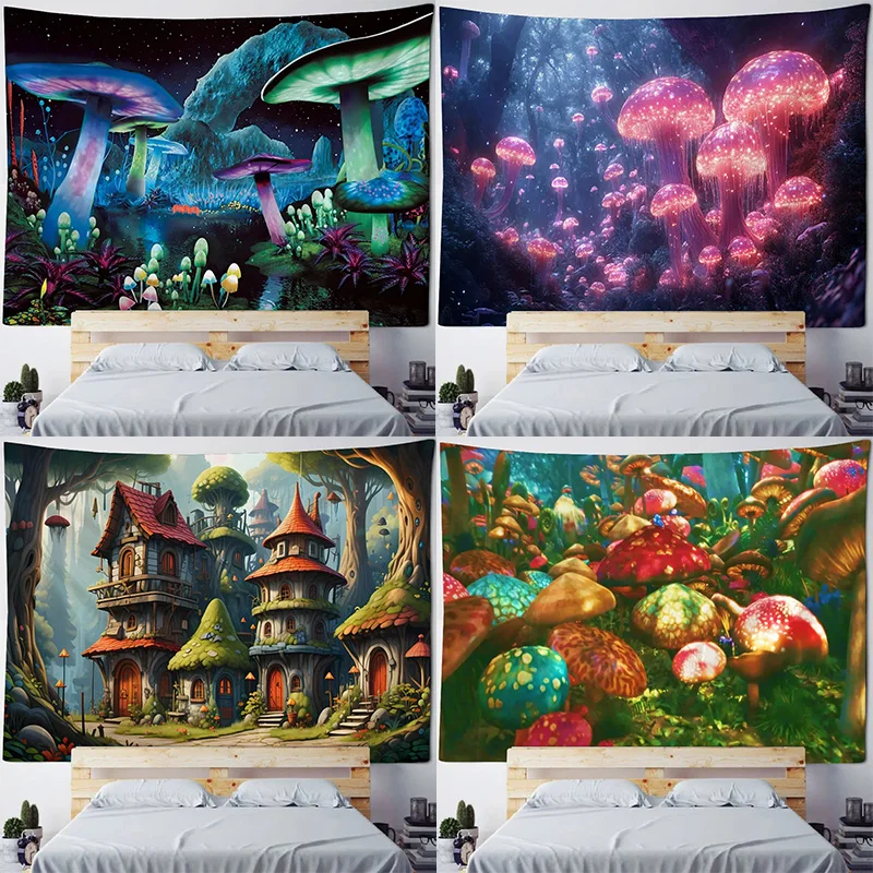 Home Living Room Bedroom Fabric Decorative Blanket Bohemian Fairy Tale Forest Tapestry Wall Hanging Mushroom Castle Cartoon