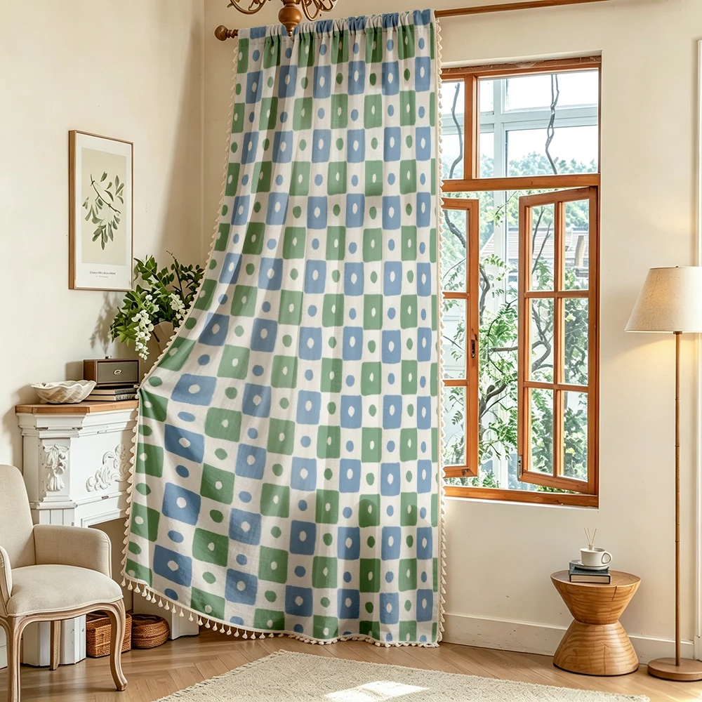 1PC Gingham Tassel Sheer Curtain, Blue Green Gingham Polka Dot, Digital Print, Linen Polyester, Bedroom Living Room, Kitchen