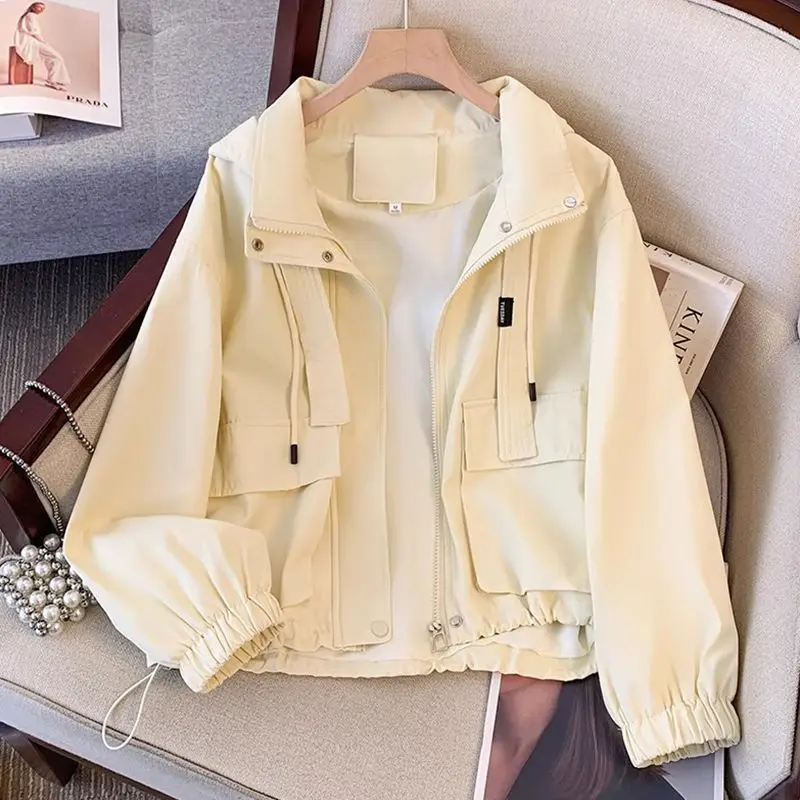 Cargo jacket short coat women's spring autumn Hooded Lightweight Loose Windbreaker Breathable Outdoor Thin Jacket Trench Coat