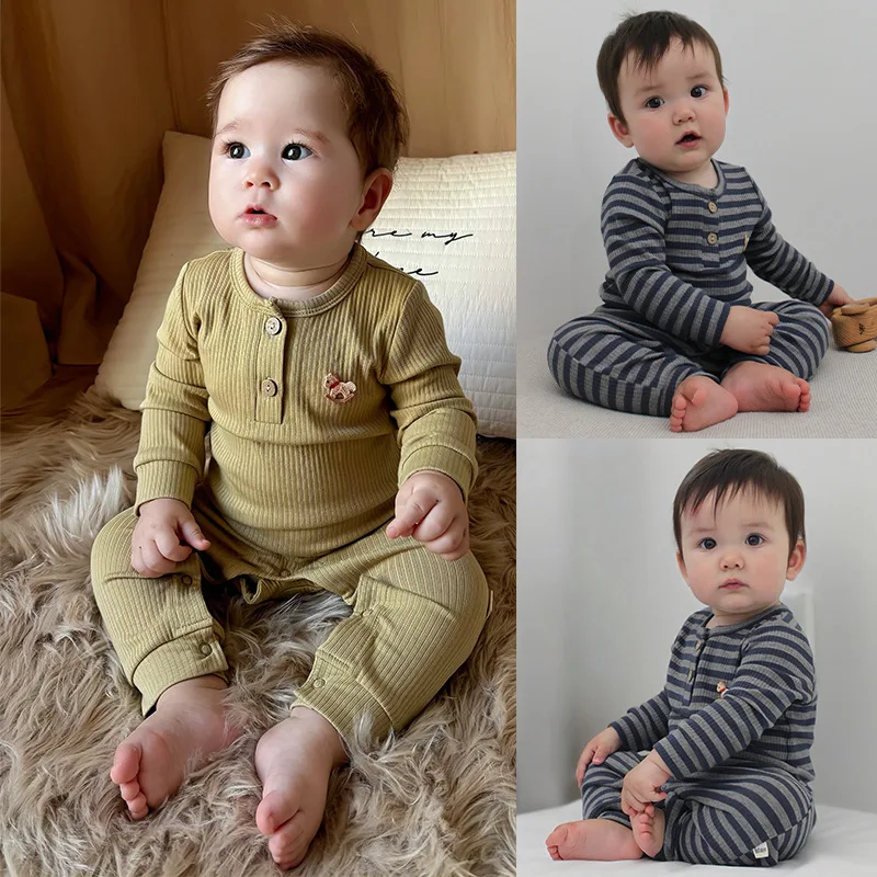 

Весенние комбинезоны для мальчиков 2026: полосатые боди для малышей, комбинезоны для новорожденных девочек, цельные комбинезоны для младенцев