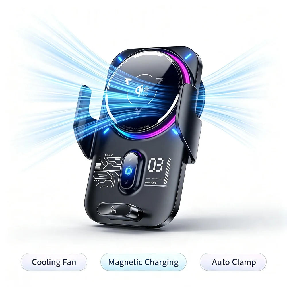 2 In 1 Magnetic Qi2 25W Wireless Charger Car Mount ICE Cooling Auto Induction RGB Light For iPhone 17 Samsung S25 Ultra