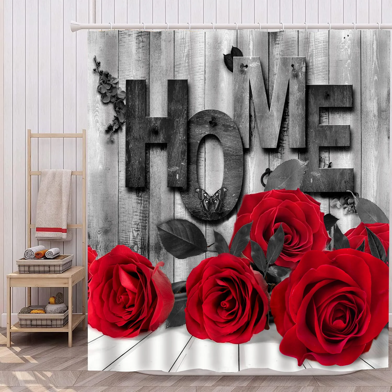 1Pc Romantic floral collection waterproof shower curtain, elegant luxurious bathroom decoration, 12 plastic hooks.