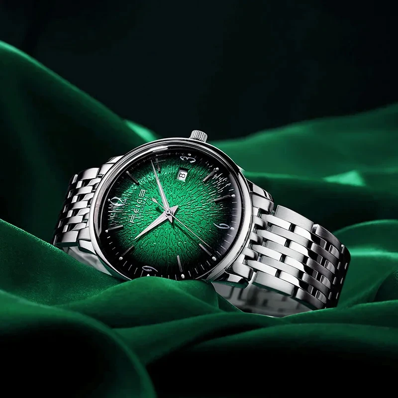 FEICE Luxury Mechanical Watch Ultra Thin Skeleton Watches for Men Waterproof Business Automatic Watch Retro Green Dial FM221REW