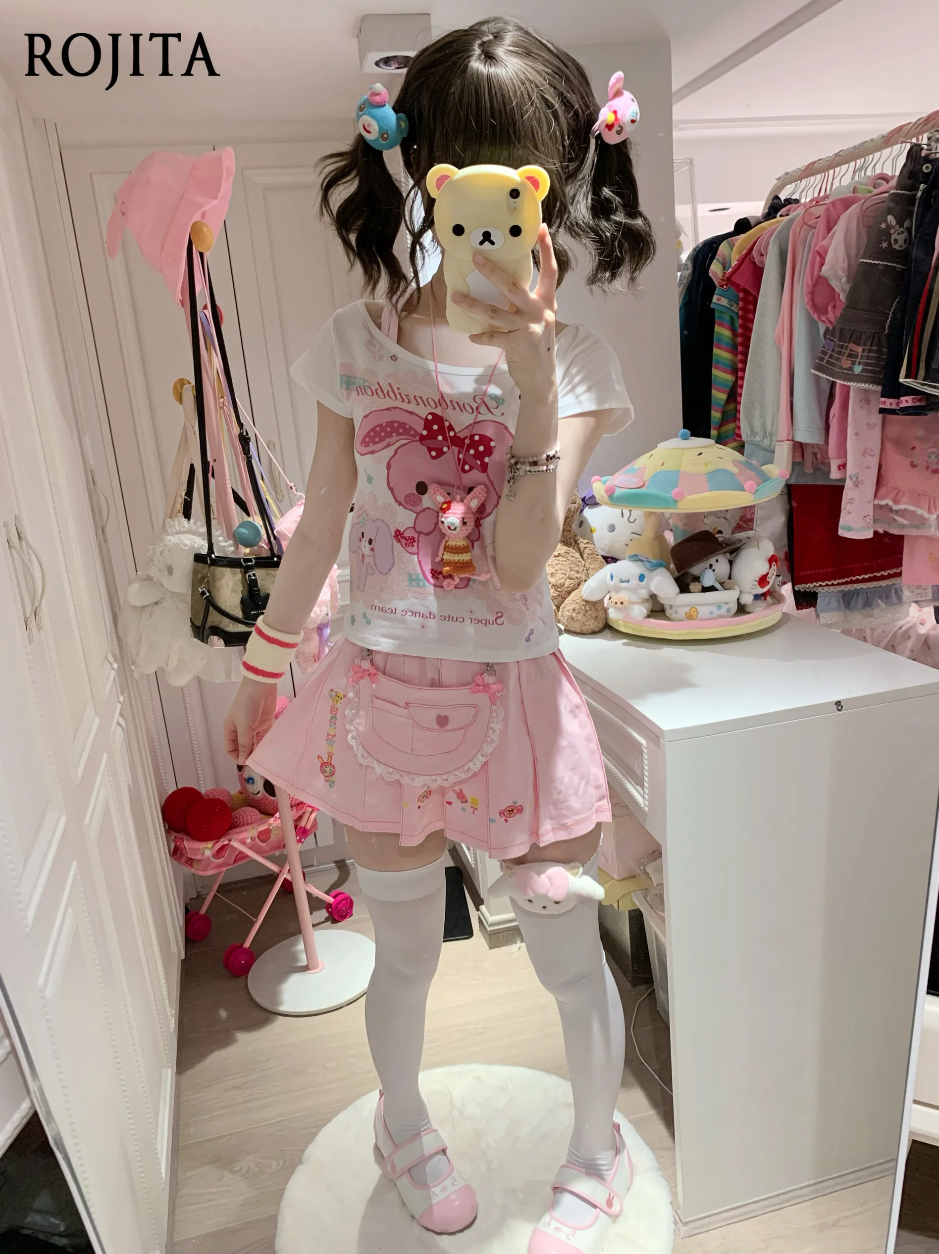 Sweet Y2K Pink Pleated Skirt Cute Embroidery Removable Lace Apron Pocket Bag Elastic Waist Egirl Harajuku Short Skirt