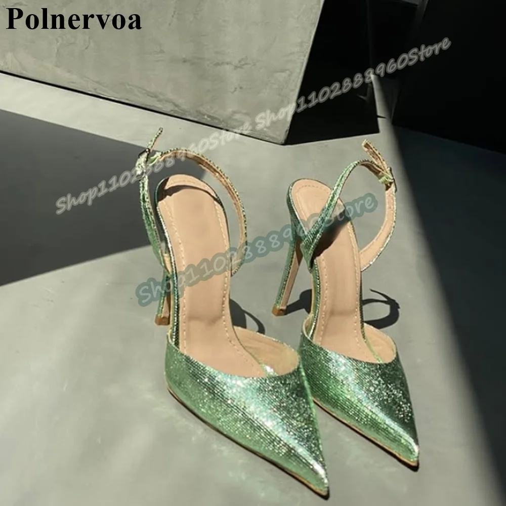 

Green Shallow Slingback Pointy Sandals Stilettos High Heel Shoes For Women Slip On Pointed Toe Luxury Banquet Stylish Sandals