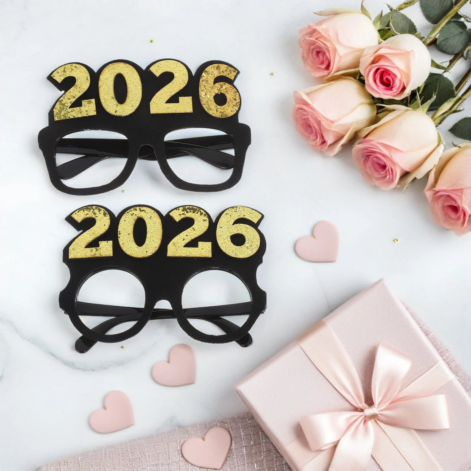 

2pcs 2026 Glasses Happy New Year Glitter Party Eyeglasses Retro Black Gold Durable Pc Felt Graduation Birthday Event Photo