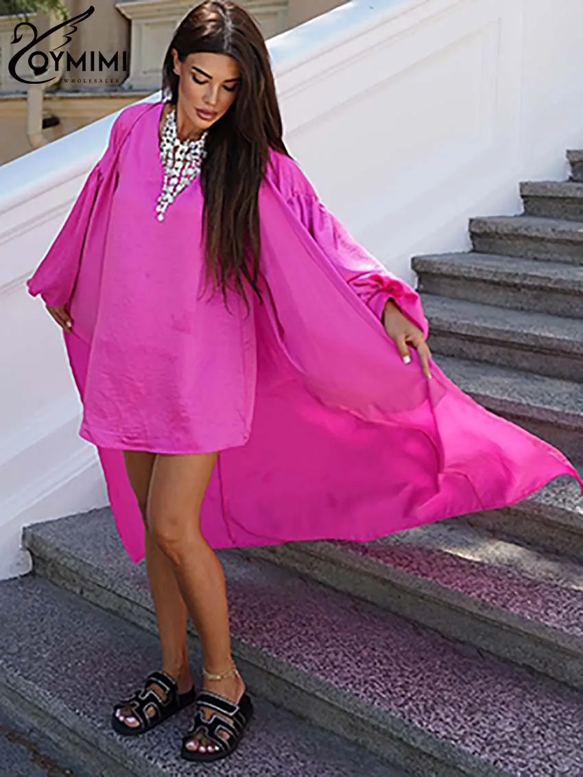 Oymimi elegante rosa escuro solto feminino 2 peças conjunto de roupa casual manga puff sólido tornozelo comprimento robe e decote em v simples topos conjuntos