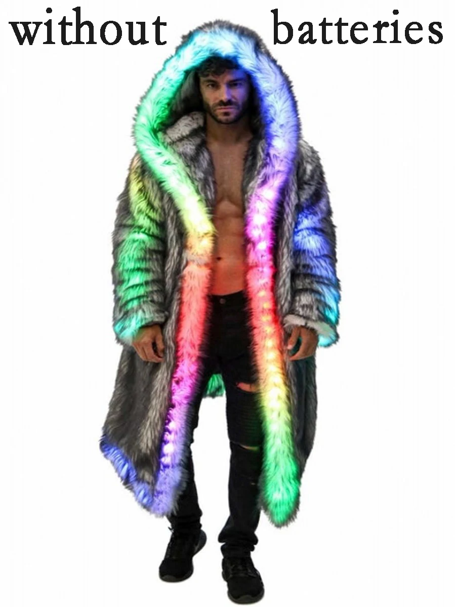 

New Fashion Men's Artificial Fur Coat, LED Festival Party Performance Suit, Men's Long Hooded Faux Fur Coat
