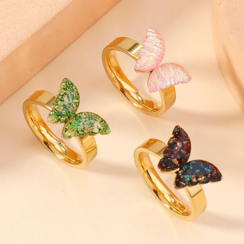 Cross-border New Fashion Titanium Steel Ring Drops Color Oil Butterfly Ring Niche Exquisite Wind Stainless Steel Jewelry