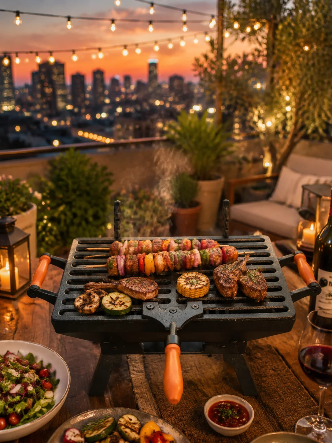 Portable Cast Iron BBQ Grill Rectangular Tabletop Charcoal Grill with Wooden Handles Outdoor Camping Patio Barbecue Rack
