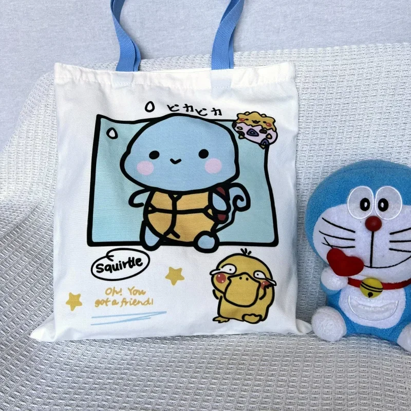 Tas Bahu Kanvas Anime Pokemon Pikachu Tas Tangan Kasual Wanita Psyduck Squirtle Tas Belanja Wanita Kapasitas Besar Dapat Digunakan Kembali