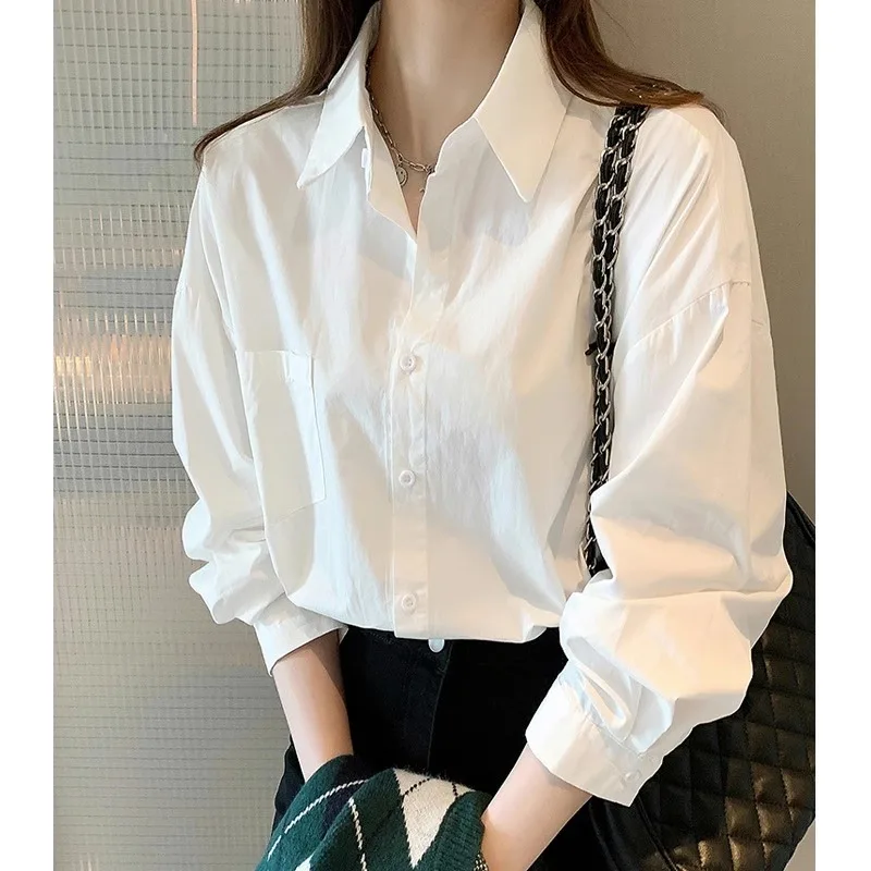 White Blouse Ladies\' 2023 Autumn\'s new Korean-style Long-sleeved Casual Office Lady Shirt Loose Women Clothes Top Simple Shirts