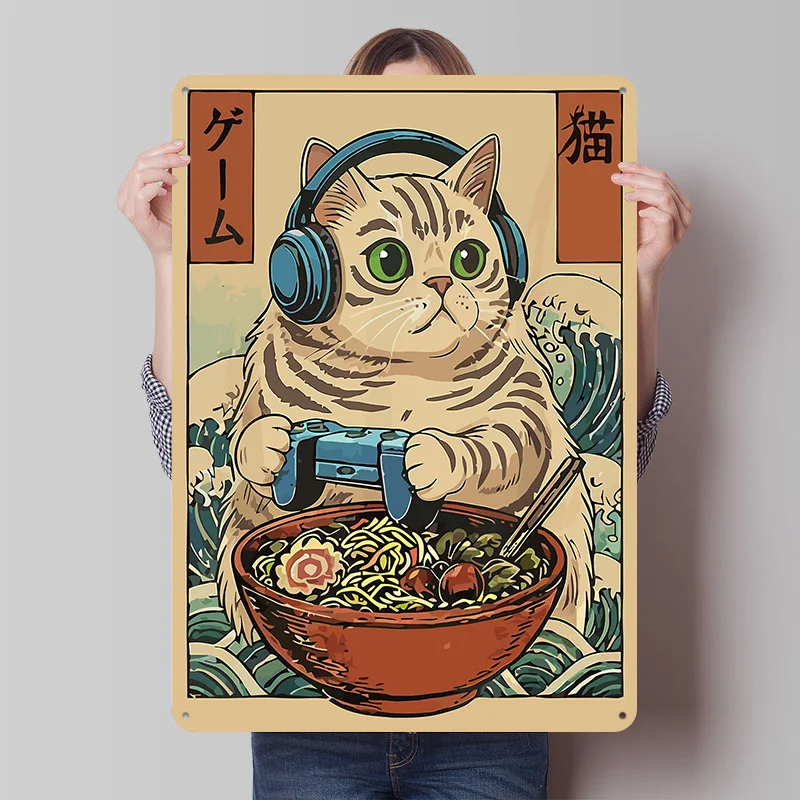 Gaming-Katze Ramen Blechschild Poster Individualisierte Wandkunst Retro Vintage Metallschilder für Gamer Bar-Zubehör Schlafzimmer-Dekorationen