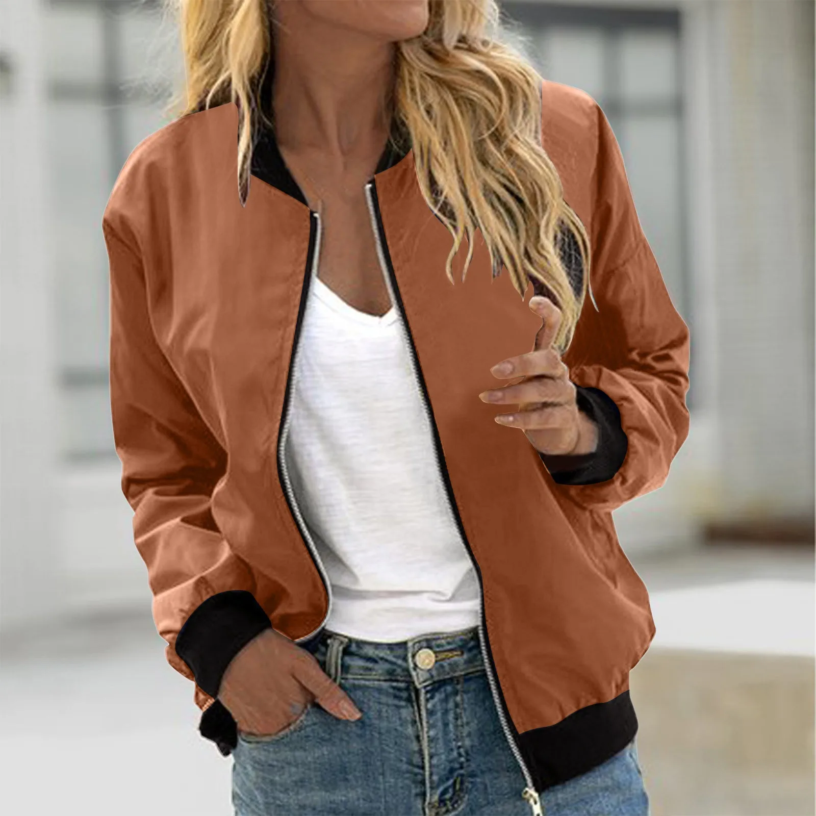 Blouson Bombardier à Manches sulfpour Femme, Streetwear, Décontracté, Couleur Unie, Printemps-Automne