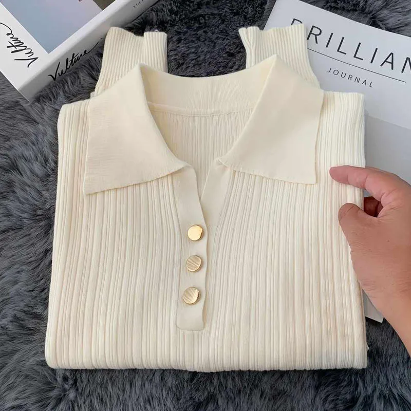 

Knitted Sweater Women Pullovers New Long Sleeve Turn Down Collar Black Knit Sweater Pullover Women Tops Sueters De Mujer Q950