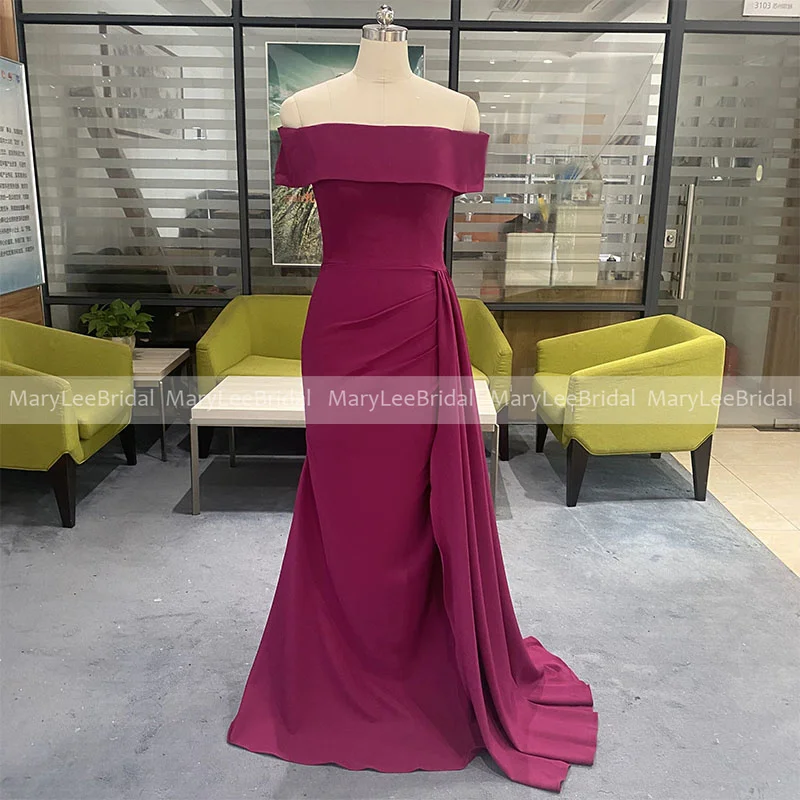 

Boat Neck Purple Bridesmaid Dresses with Long Ribbon Off the Shoulder Ruched Crepe Mermaid Wedding Guest Dress Formal Party Gown