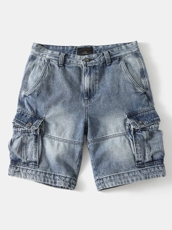 Retro Washed Heavyweight Summer Denim Shorts Men's Straight Leg Loose Casual Multi-Pocket Workwear Five-Quarter ShortsYY222