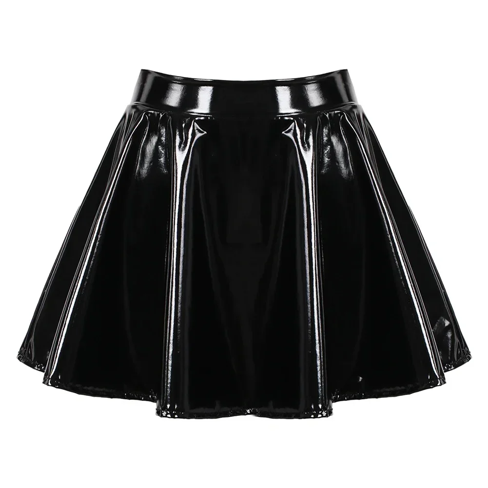 Femal Glossy Short Skirt Pleated Skirts Patent Leather Oily Shiny soft Miniskirt Dance A-Line Solid Color Skirt Erotic Clubwear