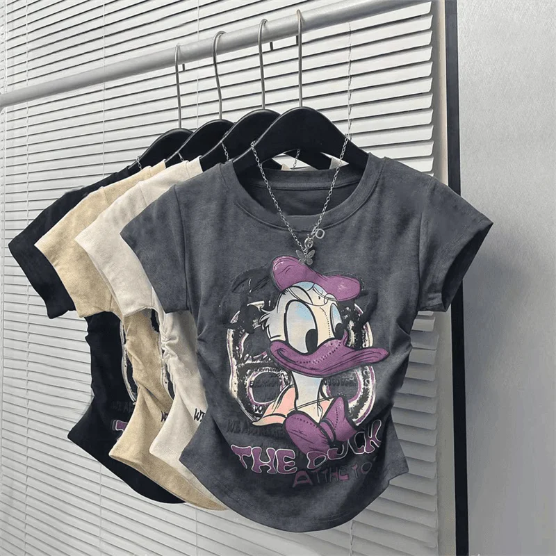 Disney Donald Duck Tie Dye Pleated Short Sleeve T-shirt For Women Summer New American Style Slim Fit Spicy Girl Trendy Short Top