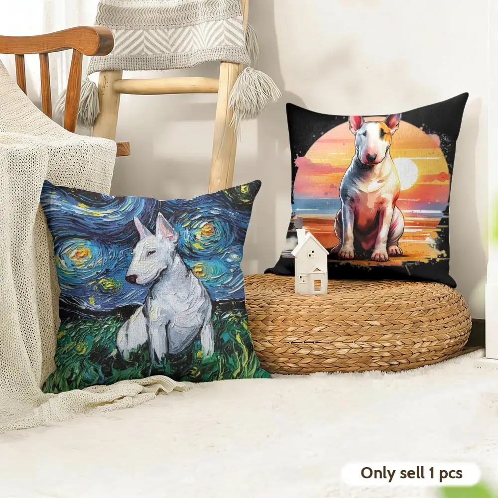 Cartoon Bull Terrier Series Cushion Cover Natural Linen Organic Fabric Double-Sided Printing Room Sofa Decor Pillow Case