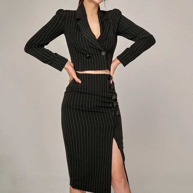 High Fashion Office Lady Fall Outfits Women Striped Long Sleeve Short Jackets And High Slit Package Hip Skirt Dress Sets SL289