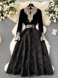 Vintage Lace Patchwork Hepburn Dress Women 2024 Autumn New Stand Collar Long Sleeve Gathered Waist A-line Palace Fashion Dress