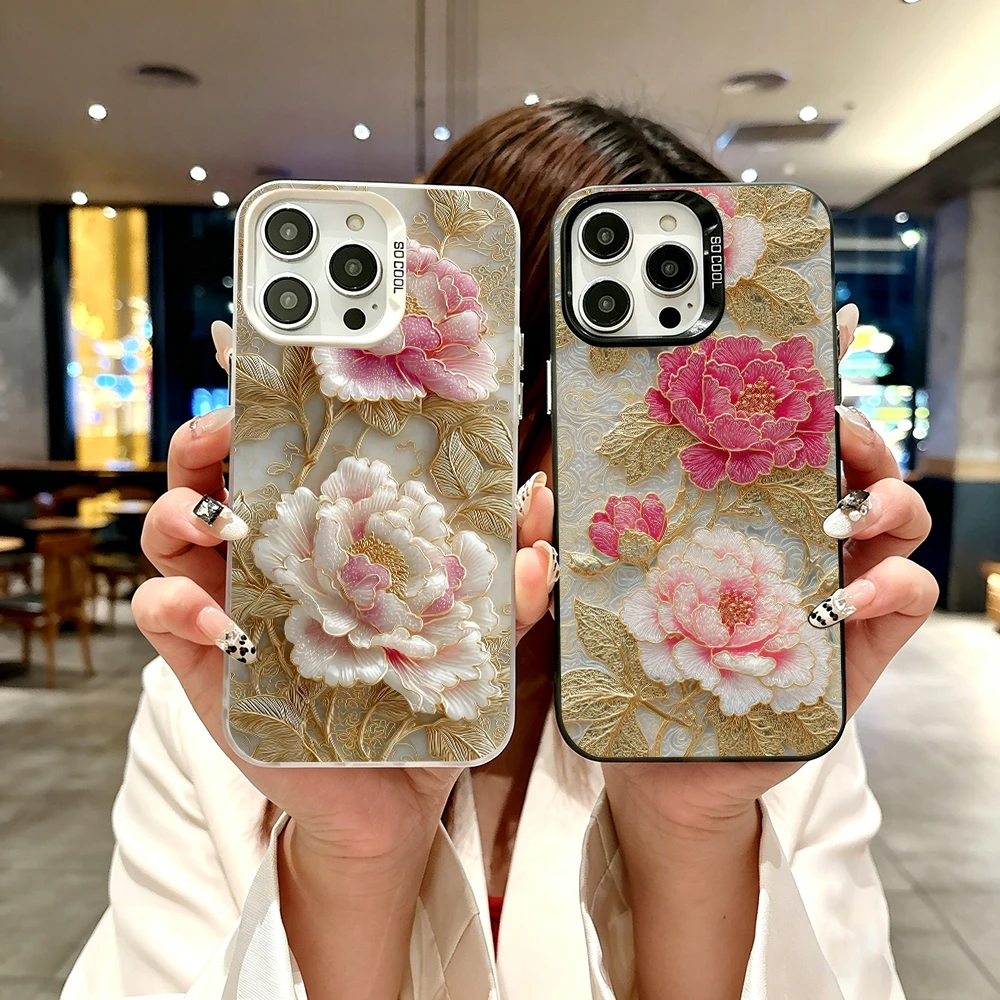 Чехол для телефона с узором «Пион» для iPhone 17, 16, 15, 14, 13, 12, 11 Pro Max, 17 Air, 8, 7 Plus, серый, серебристый (Fundas Capas)