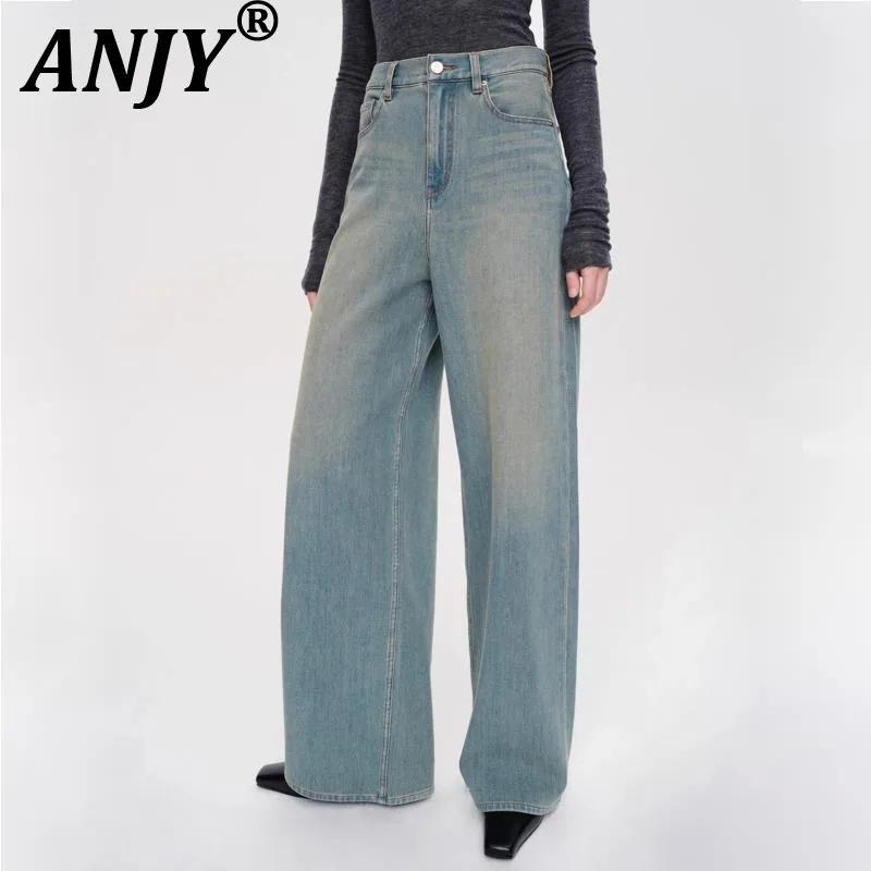 ANJY Spring Autumn New Women Washed Vintage Distressed Stretch Fabric Casual Straight Leg Jeans Trend Fashion Denim Pants A27746