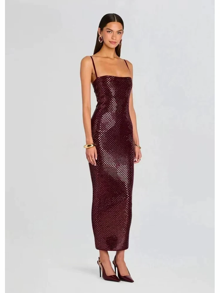 Robe longue à bandes pour femmes, Sexy, col carré, écharpe, strass, sans manches, diamants brillants, moulante, soirée, Cocktail