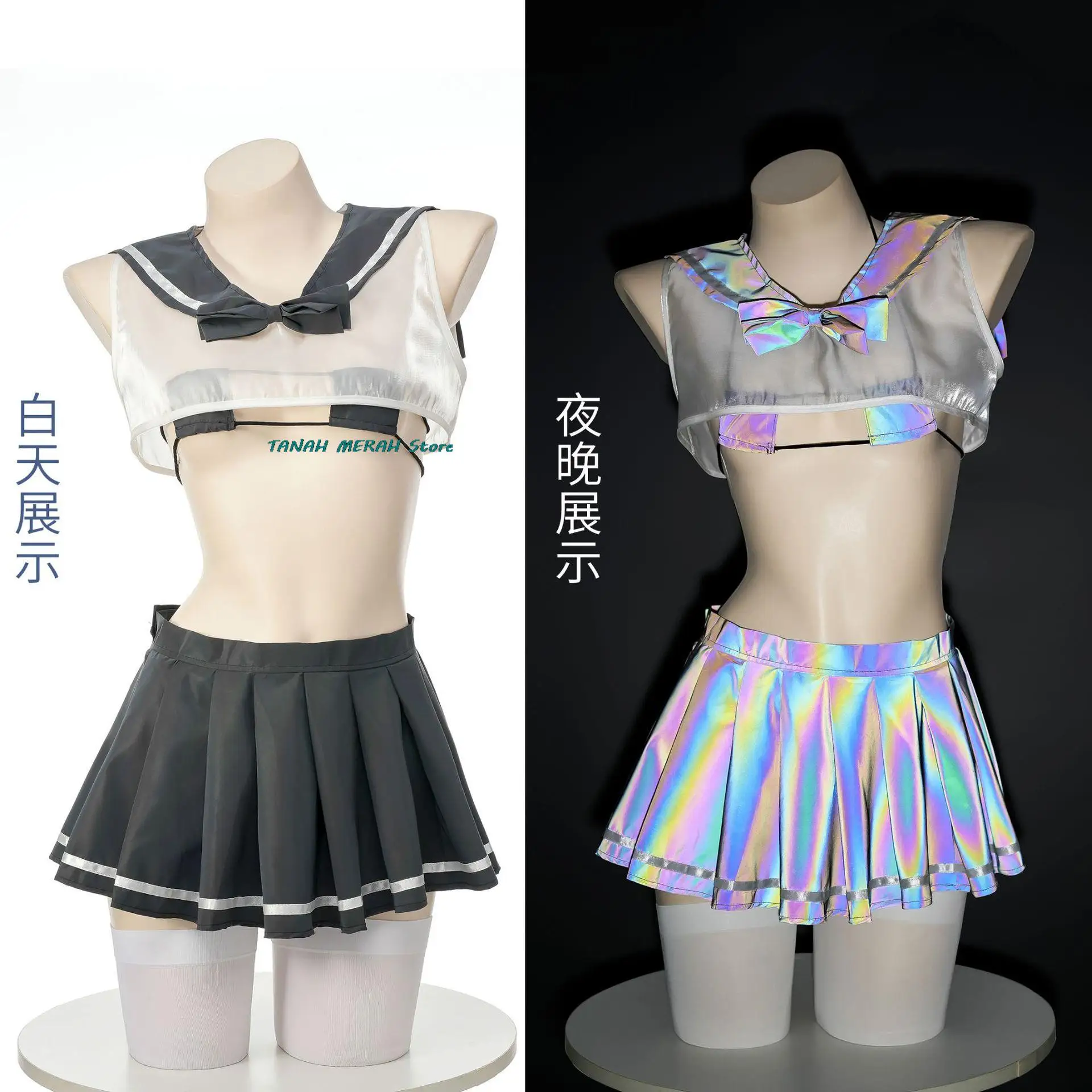 

Women Sexy Black Reflective Laser Leather Sailor Costume Set with Collar Dress Cosplay Costumes