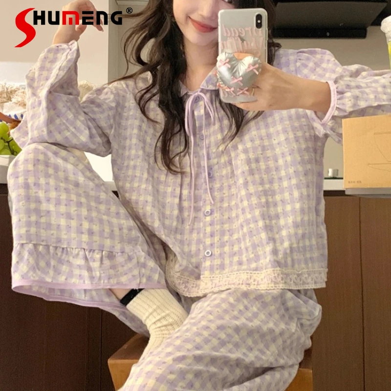 All Cotton Plaid Pajamas for Women Spring Autumn Sweet Purple Sleep Wear Female Floral Palace Style Long Sleeve Homewear Set