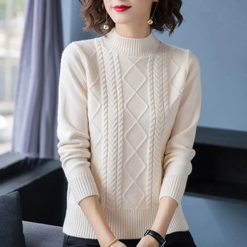 

Autumn Winter Women Half Turtleneck Sweater Casual Thick Warm Knitted Jumper Female Pullovers Bottoming Tops Mother Dress