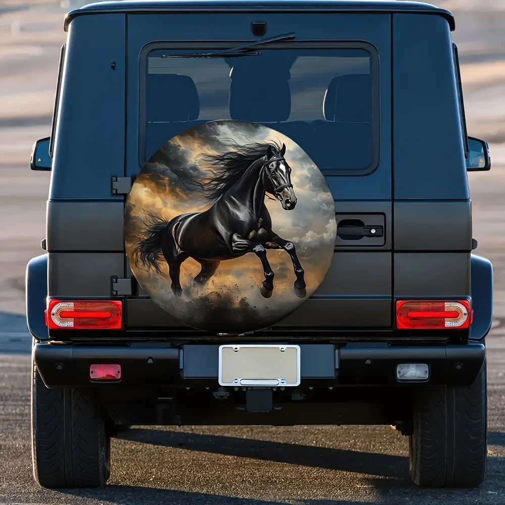 Black Horse Galloping Tire Cover Polyester Waterproof Trailer Wheel Protector Spare Tire Cover