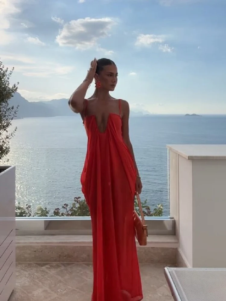 Damen Elegantes Rotes Maxikleid mit Spaghettiträgern, tiefem Schlüsselloch-Ausschnitt vorne, seitlichem Cut-Out und Overlay – Zweiteiliges Sommer-Abendkleid – Detail 11