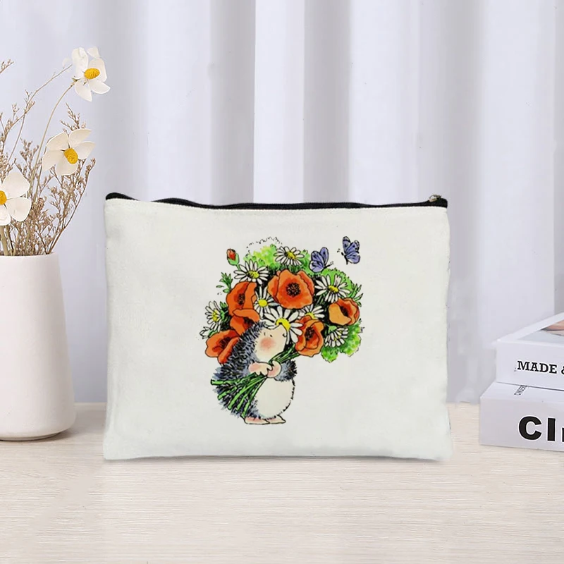 Cartoon Hedgehog Print Zipper Canvas Bag Organizer Skin Care Products Sundries Storage Cosmetic Bags Cute Stationery Pencil Case