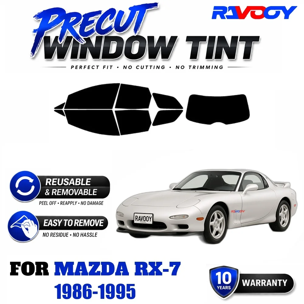 RAVOOY Precut Window Tint, Reusable Removable EPU Film, Custom Fit for Mazda RX-7 1986-1995, UV Heat Protection