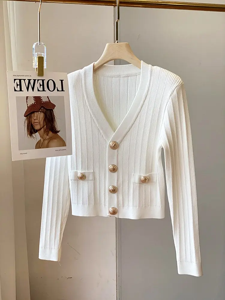 Luxury Jacket Spring Autumn Pink Knitted Cardigan Women Long Sleeve Short Tops Slim Sweater Button Office Lady White Cardigan