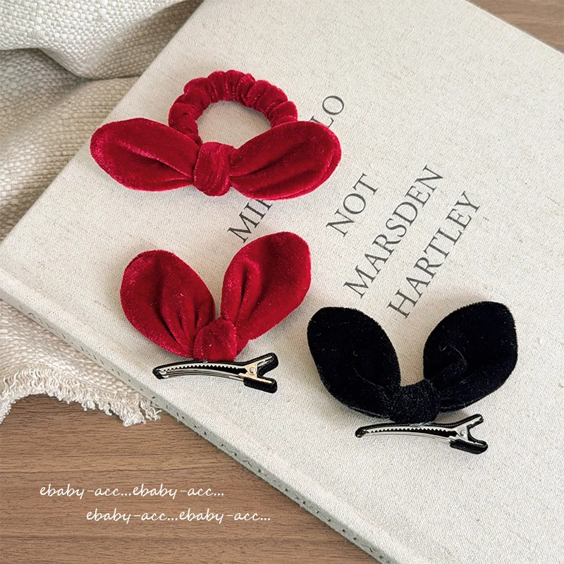 Hair Clip Kids Velvet Rabbit Ear Sculpted Red Bow Plush Hair Tie Bun Holder Festive Party Travel Lightweight Non Slip Daily