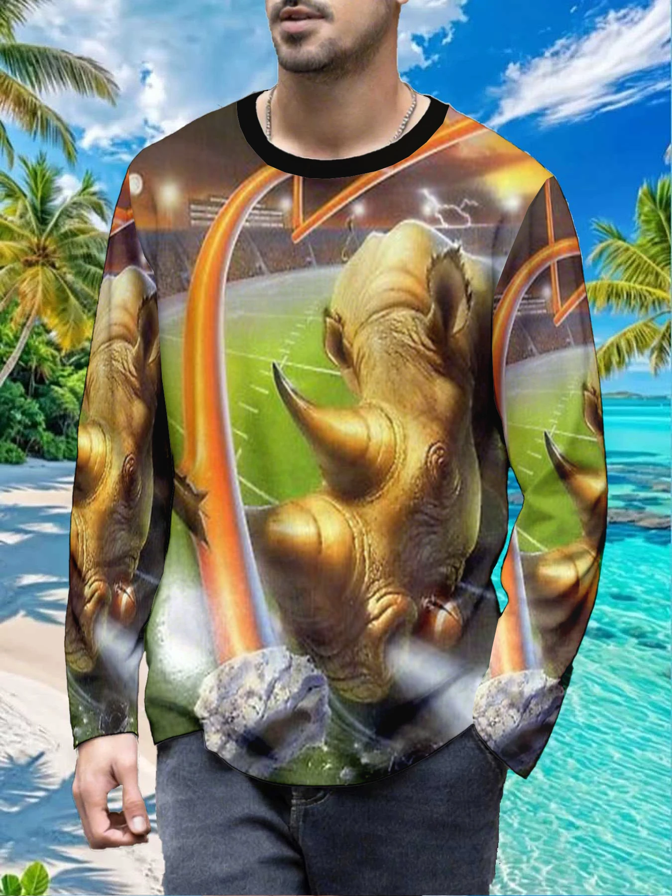 Football Rhinoceros Cool Art Mens Polyester Long Sleeve T Shirt Rugby Field Rhino Print Graphic Tee Casual Outdoor Streetwear Co