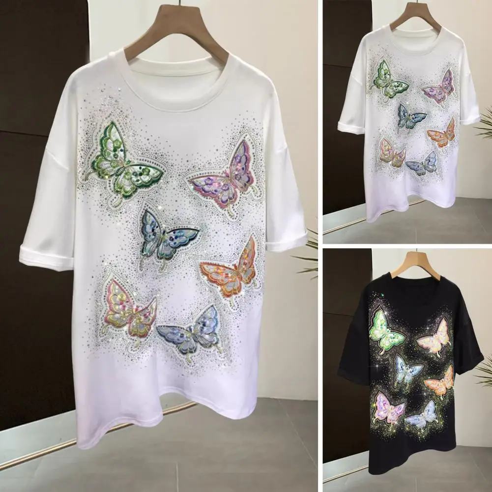 Round Neck Shirt Elegant Embroidered Butterflies Women's Summer Tee with Hot Drill Decor Solid Color Short Sleeve T-shirt Round