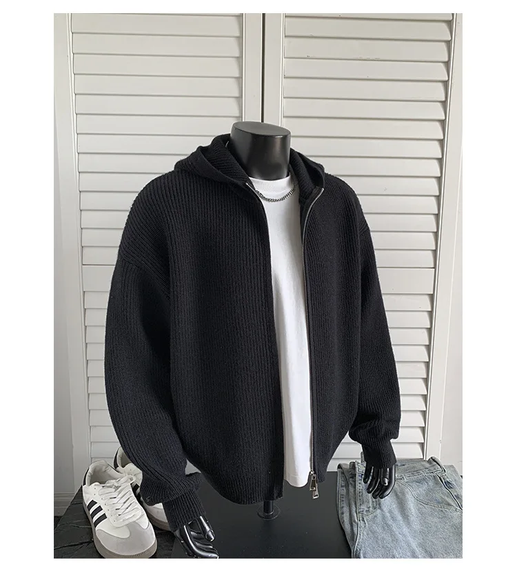 2026 New Autumn Winter Simple Solid Color Knitted Hoodie Men Japan Korean Fashion Casual Loose Double Zipper Hooded Jacket