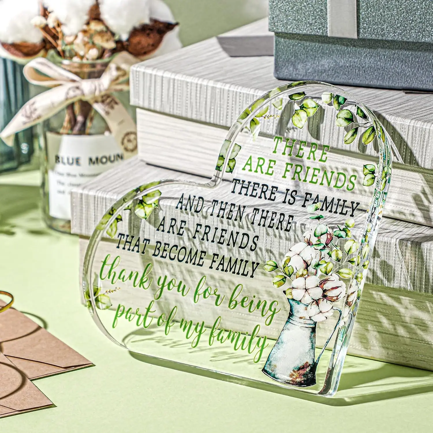 Heart‑Shaped Acrylic Plaque Friends That Become Family Eucalyptus Cotton Vase Freestanding Friendship Keepsake Gift，Friends Become Family Eucalyptus Cotton Floral Theme Heart‑Shape Acrylic Sign Friend Desk Ornament
