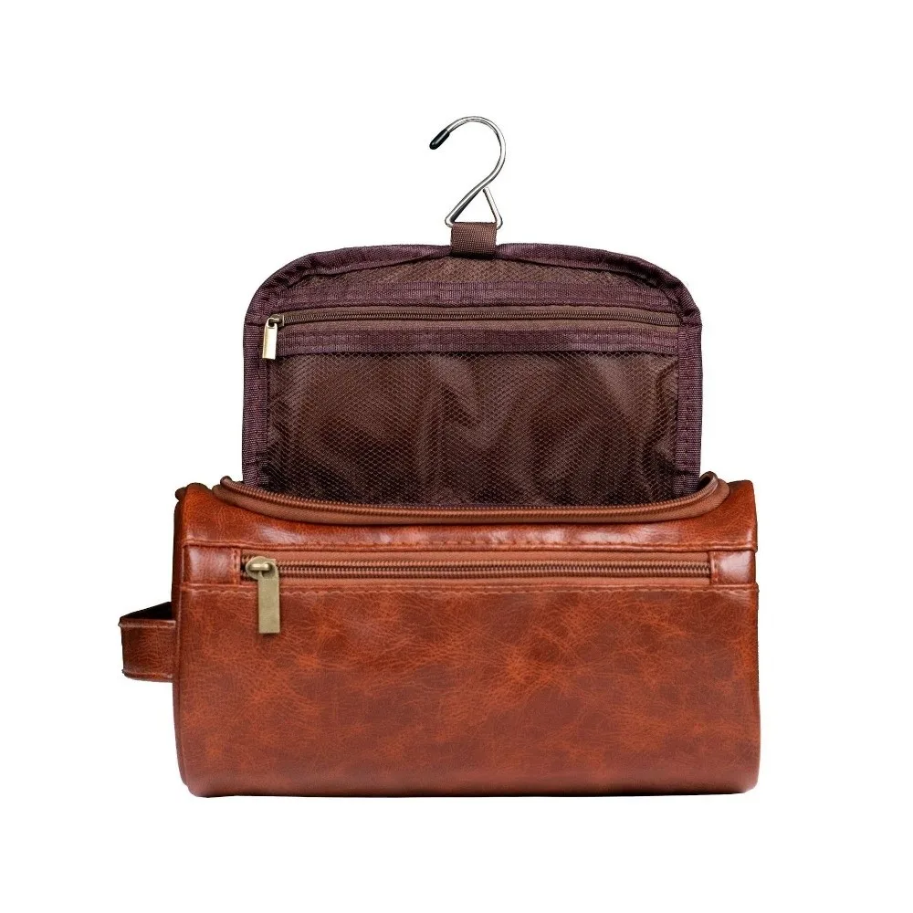 Durable PU Leather Men Toiletry Bag With Handle Waterproof Makeup Bag Handheld Large Capacity Handbag Men