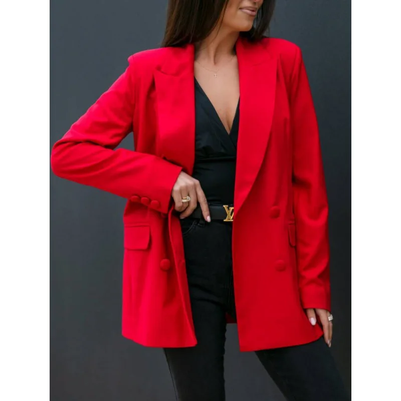 2023 Autumn Women\'s New Solid Color Fashion Commuter Long Sleeve Double Breasted Suit Collar Coat Casual Comfortable Top